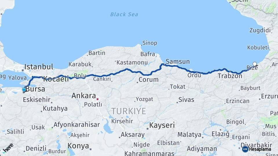 Bursa Ardeşen Rize Arası Kaç Km - Yol Haritası