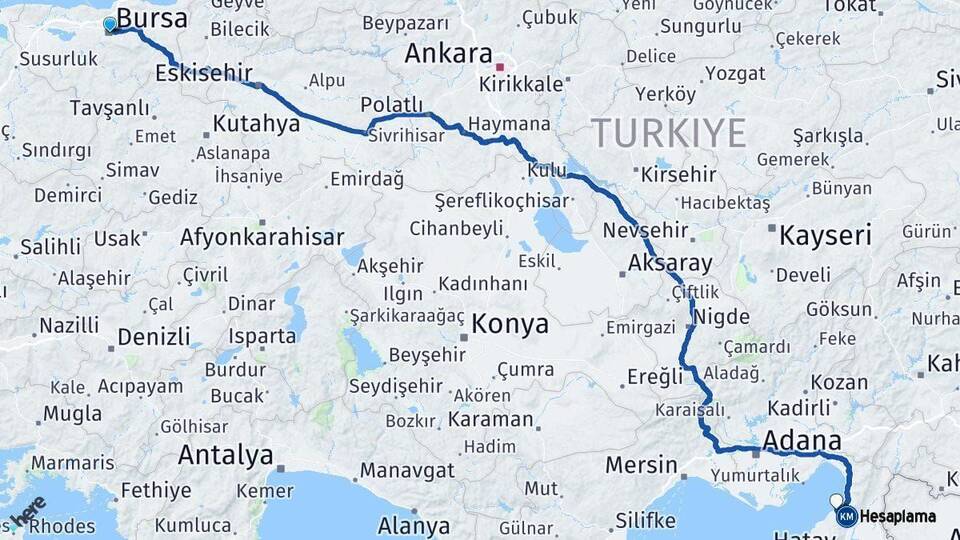 Bursa Arsuz Hatay Arası Kaç Km - Yol Haritası