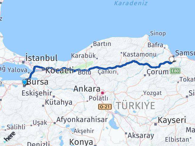Bursa Asarcık Samsun Arası Kaç Km - Yol Haritası