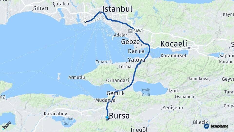 Bursa Atatürk Havalimanı Arası Kaç Km - Yol Haritası