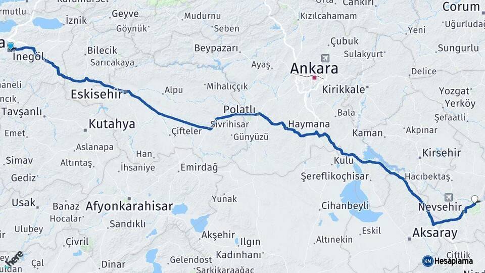 Bursa Avanos Nevşehir Arası Kaç Km - Yol Haritası