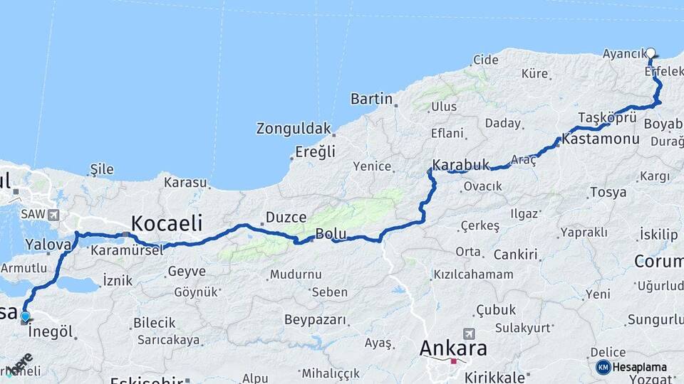 Bursa Ayancık Sinop Arası Kaç Km - Yol Haritası