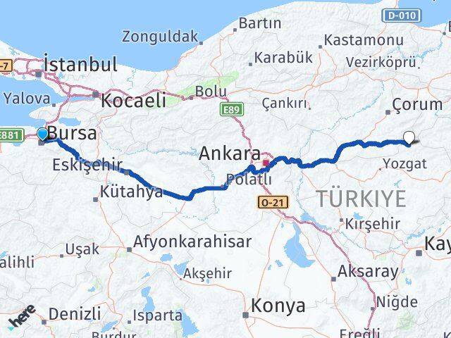Bursa Aydıncık Yozgat Arası Kaç Km - Yol Haritası