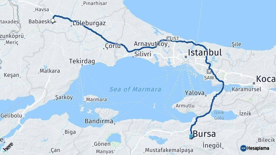 Bursa Babaeski Kırklareli Arası Kaç Km - Yol Haritası