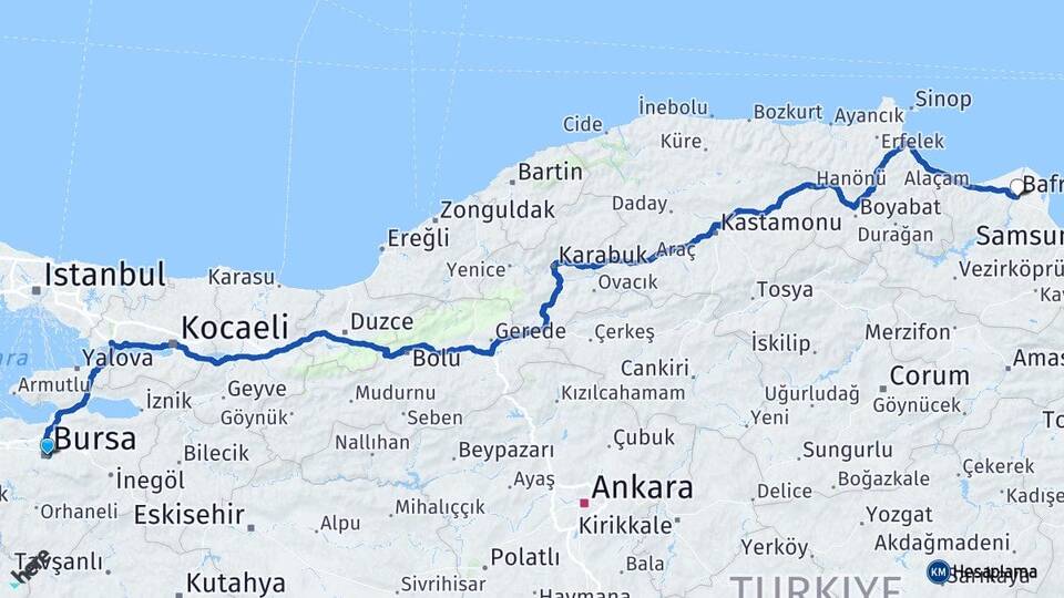 Bursa Bafra Samsun Arası Kaç Km - Yol Haritası