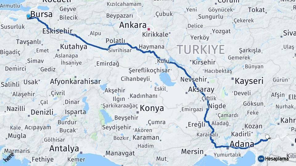 Bursa Bahçe Osmaniye Arası Kaç Km - Yol Haritası