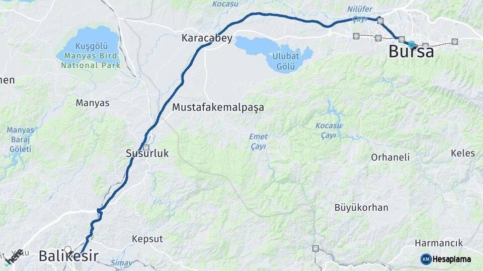 Bursa Balıkesir Arası Kaç Km - Yol Haritası