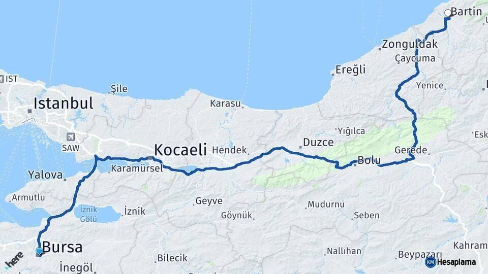 Bursa Bartın Arası Kaç Km - Yol Haritası