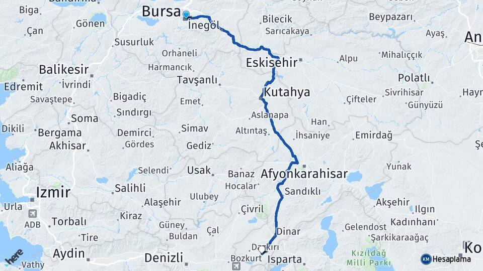Bursa Başmakçı Afyonkarahisar Arası Kaç Km - Yol Haritası