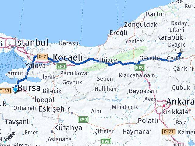 Bursa Bayramören Çankırı Arası Kaç Km - Yol Haritası
