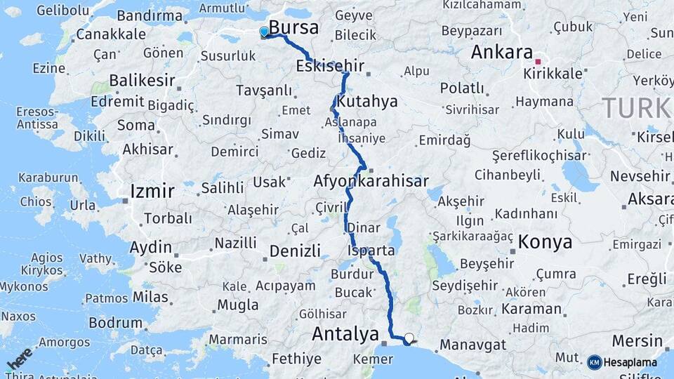 Bursa Belek Serik Antalya Arası Kaç Km - Yol Haritası