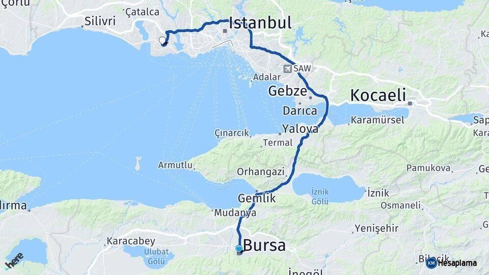 Bursa Beylikdüzü İstanbul Arası Kaç Km - Yol Haritası