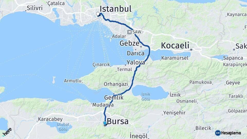 Bursa Beyoğlu İstanbul Arası Kaç Km - Yol Haritası
