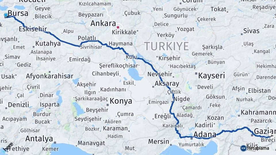 Bursa Birecik Şanlıurfa Arası Kaç Km - Yol Haritası
