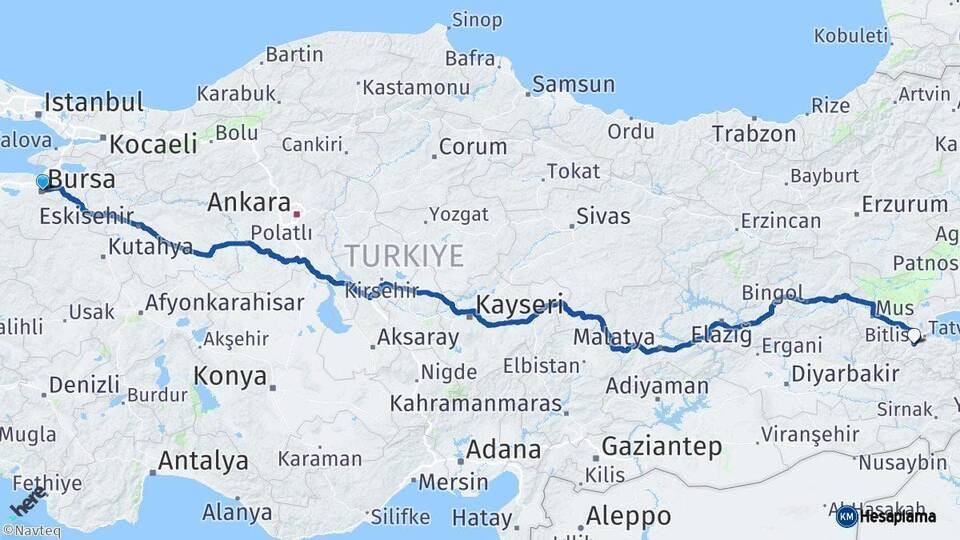 Bursa Bitlis Arası Kaç Km - Yol Haritası