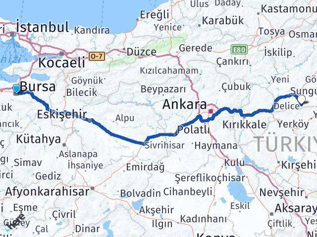 Bursa Boğazkale Çorum Arası Kaç Km - Yol Haritası