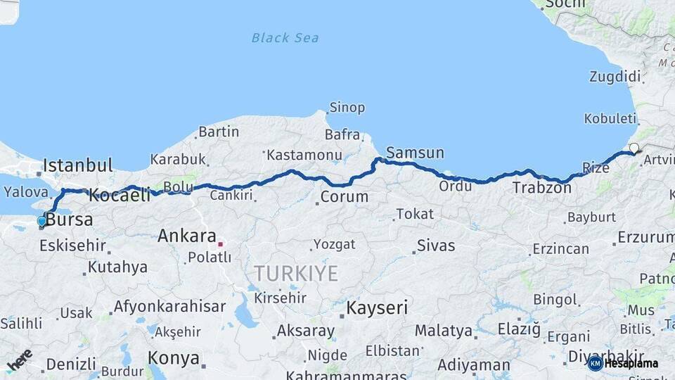 Bursa Borçka Artvin Arası Kaç Km - Yol Haritası
