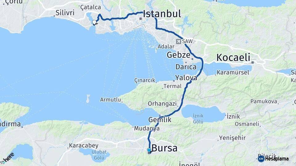 Bursa Büyükçekmece İstanbul Arası Kaç Km - Yol Haritası