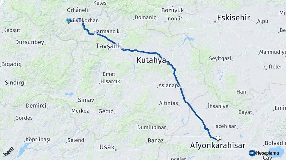 Bursa Büyükorhan Afyonkarahisar Arası Kaç Km - Yol Haritası