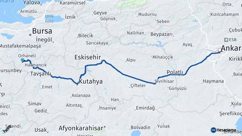 Bursa Büyükorhan Ankara Arası Kaç Km - Yol Haritası