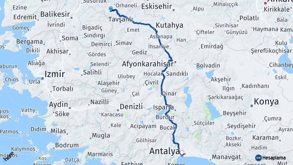 Bursa Büyükorhan Antalya Arası Kaç Km - Yol Haritası