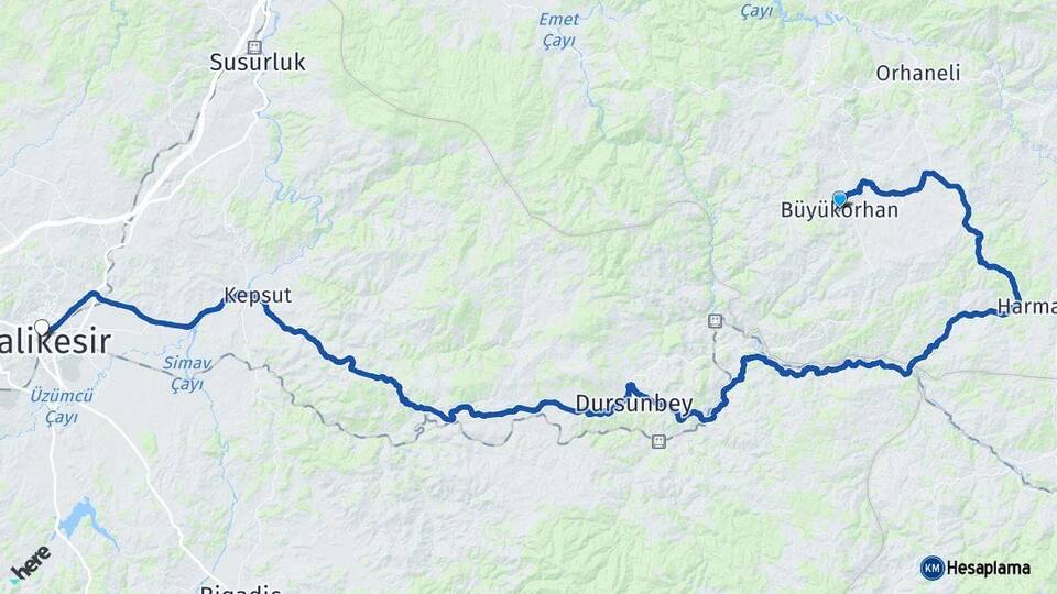 Bursa Büyükorhan Balıkesir Arası Kaç Km - Yol Haritası