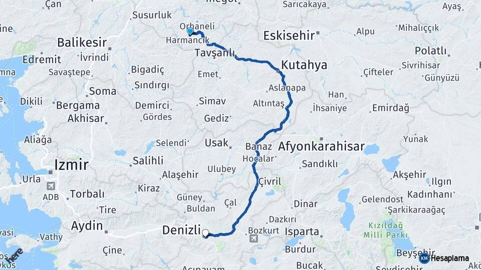 Bursa Büyükorhan Denizli Arası Kaç Km - Yol Haritası