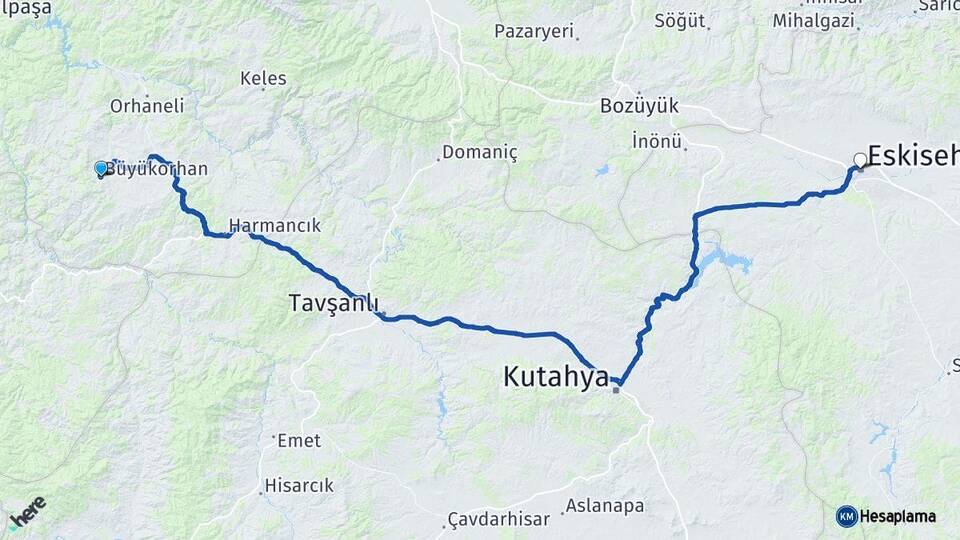 Bursa Büyükorhan Eskişehir Arası Kaç Km - Yol Haritası