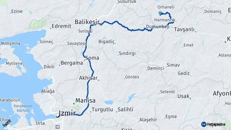 Bursa Büyükorhan İzmir Arası Kaç Km - Yol Haritası
