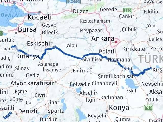 Bursa Büyükorhan Kırşehir Arası Kaç Km - Yol Haritası