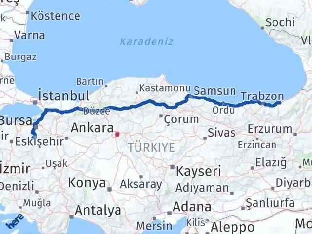 Bursa Büyükorhan Rize Arası Kaç Km - Yol Haritası