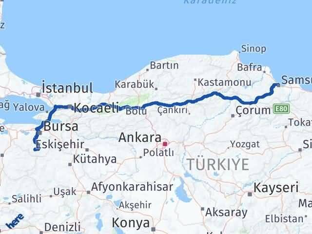 Bursa Büyükorhan Samsun Arası Kaç Km - Yol Haritası