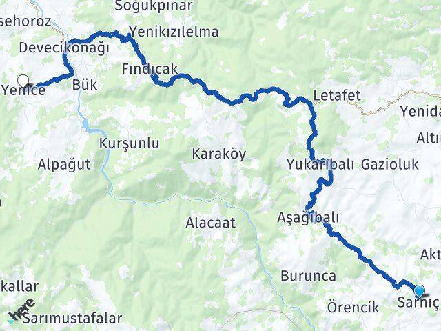 Sarnıç Yenice Arası Kaç Km - Yol Tarifi