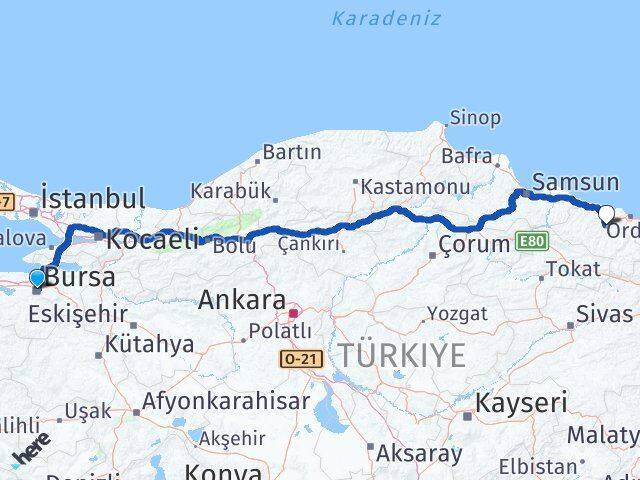 Bursa Çamaş Ordu Arası Kaç Km - Yol Haritası