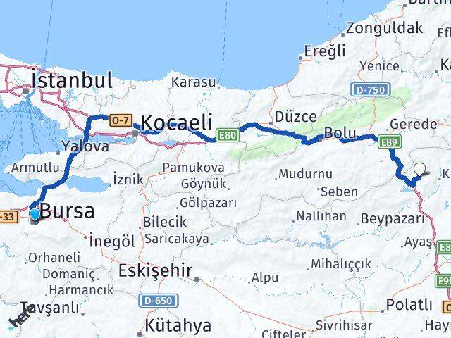 Bursa Çamlıdere Ankara Arası Kaç Km - Yol Haritası