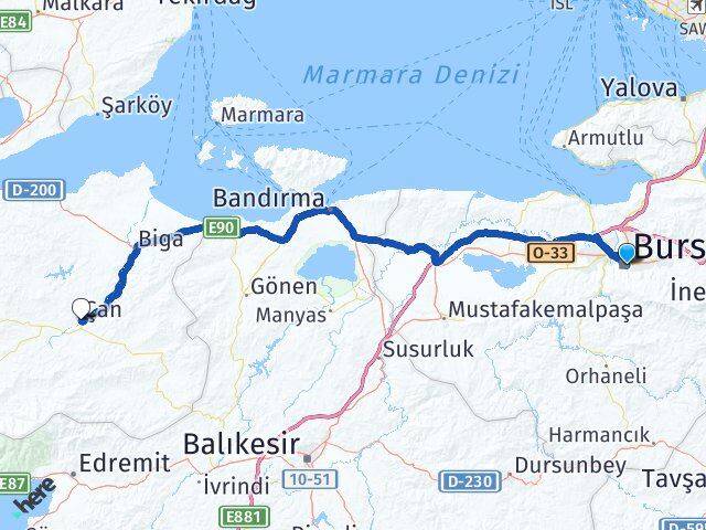 Bursa Çan Çanakkale Arası Kaç Km - Yol Haritası