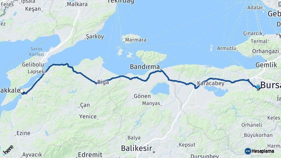 Bursa Çanakkale Arası Kaç Km - Yol Haritası