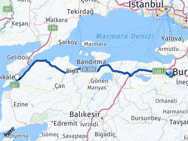 Bursa Çanakkale Havalimanı Arası Kaç Km - Yol Haritası