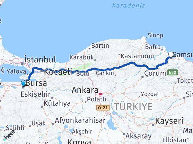Bursa Canik Samsun Arası Kaç Km - Yol Haritası