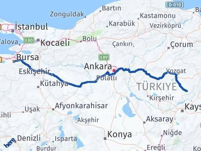 Bursa Çayıralan Yozgat Arası Kaç Km - Yol Haritası