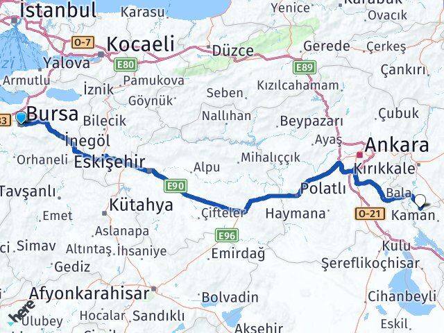Bursa Çelebi Kırıkkale Arası Kaç Km - Yol Haritası