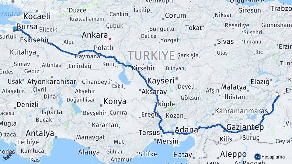 Bursa Çermik Diyarbakır Arası Kaç Km - Yol Haritası