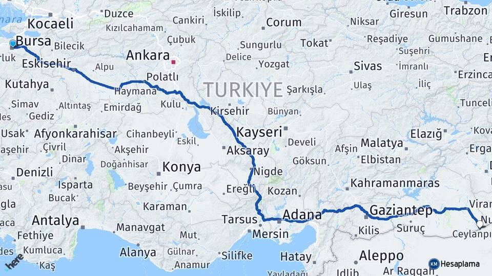 Bursa Ceylanpınar Şanlıurfa Arası Kaç Km - Yol Haritası