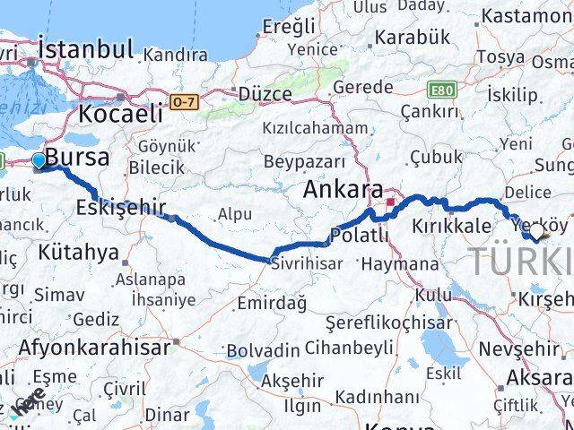 Bursa Çiçekdağı Kırşehir Arası Kaç Km - Yol Haritası