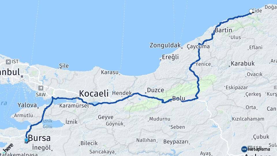 Bursa Cide Kastamonu Arası Kaç Km - Yol Haritası