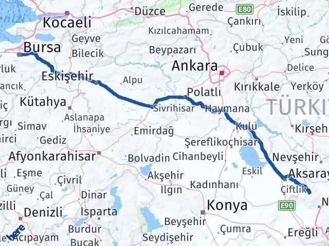 Bursa Çiftlik Niğde Arası Kaç Km - Yol Haritası
