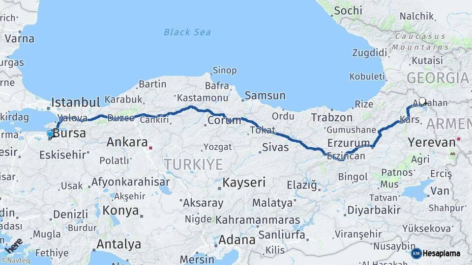 Bursa Çıldır Ardahan Arası Kaç Km - Yol Haritası