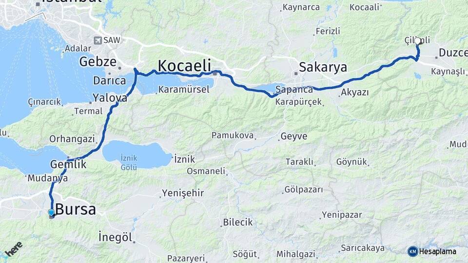 Bursa Çilimli Düzce Arası Kaç Km - Yol Haritası