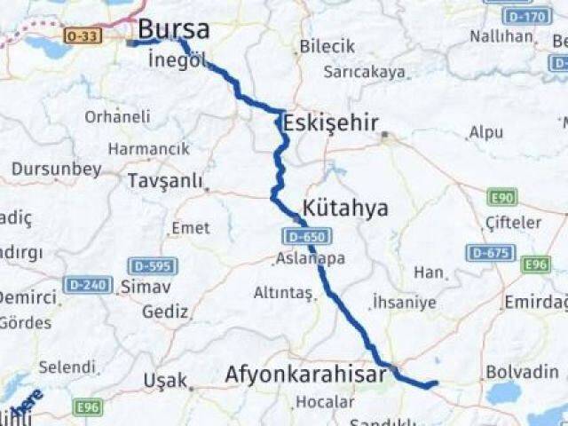 Bursa Çobanlar Afyonkarahisar Arası Kaç Km - Yol Haritası