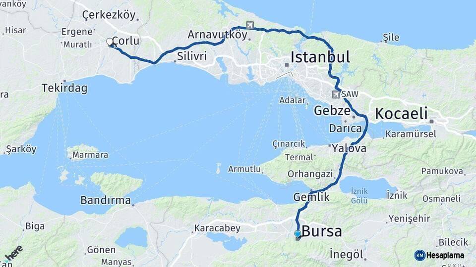 Bursa Çorlu Tekirdağ Arası Kaç Km - Yol Haritası